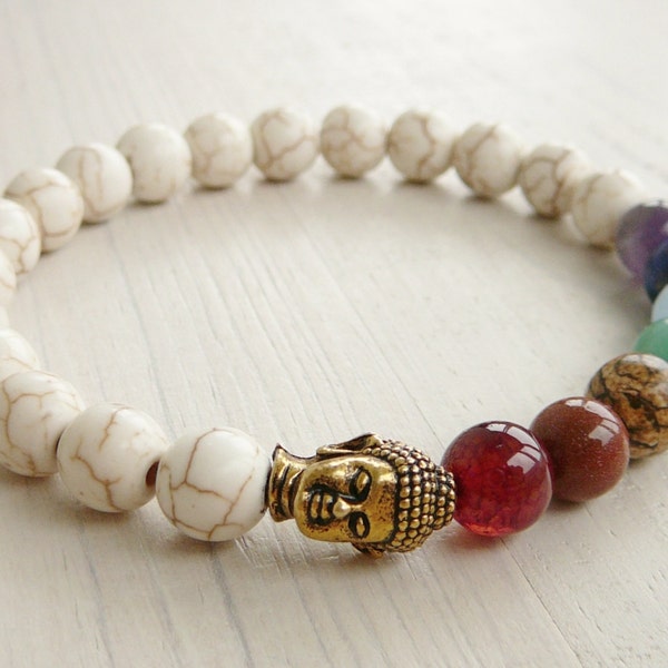 Mala bracelet, Buddha bracelet, 7 chakra bracelet, Howlite bracelet, Yoga bracelet, Tibetan Mala Meditation bracelet, Gemstone bracelet Mala