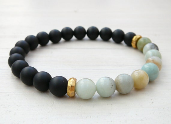 Men S Bracelet Black Onyx And Amazonite Bracelet Beaded Etsy