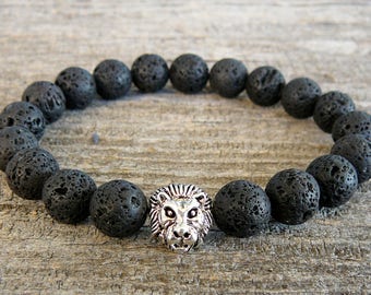 Lion Bracelet 10mm Black Lava Lion Bracelet lava bracelets Lion Mens Bracelet Black Lava Rock Bracelet lava lion jewelry volcanic bracelet