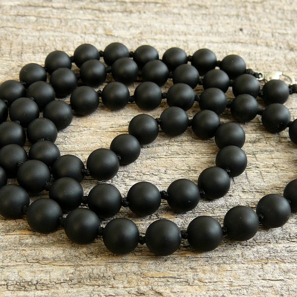 Mens black necklace 8mm Matte black onyx bead necklace for man Black stone mens necklaces Knotted beaded necklace for boyfriend Jewelry gift