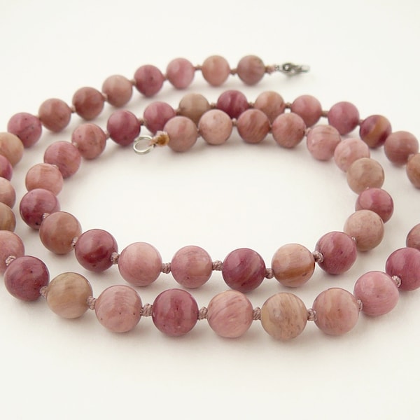 Rhodochrosite beaded necklace Natural pink stone necklace Hand knotted bead necklaces for women gift Jewelry for women Pink gemstone choker