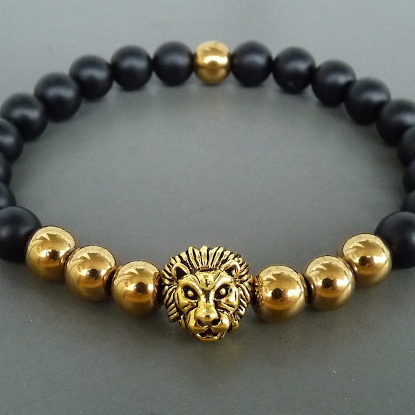 Lion-Armband, Geschenk für ihn, Mens Gold & Schwarz Armband, Herren Schmuck, Perlen Armband Lion, Strecken Lion Head Armband, Armband Gold Lion