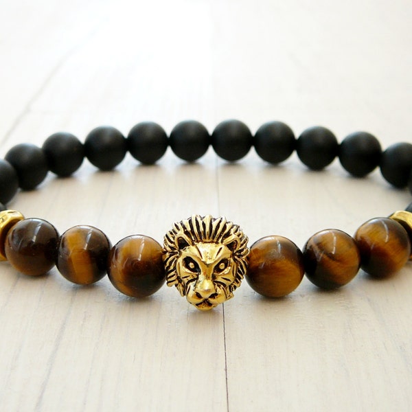 Mens Black Armband, Mens Black Onyx und Tiger Eye Armband, Edelstein Armband, Lion Perlen Armband Stretch Armband, Lions Head Bracelet