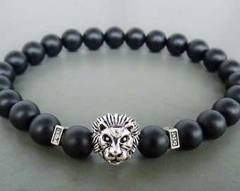 Lion Bracelet Mens Gift for Boyfriend Black Onyx Bracelet Men's Jewelry Black Agate Lion Beaded Bracelet Stretch Lion Head Bracelet for him