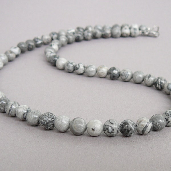 Beaded necklaces for man 6mm Fancy Jasper necklace for women bead necklace for mens gift for boyfriend Jewelry for men Gray stones choker