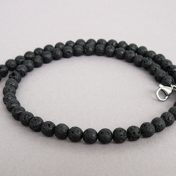 Schwarze Lava Perlenkette Herren 6mm Lava Rock Halskette Frauen Mann Schwarz Vulkan Lava Choker Halskette Geschenk für Männer Schwarze Perlen Halsketten