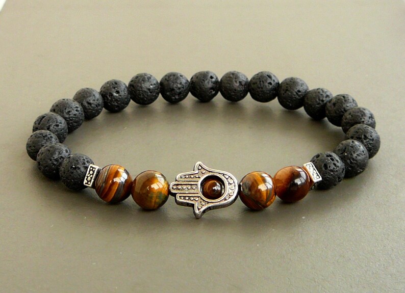 Hamsa Bracelet, Black Lava Bracelet, Buddha Braceler, Hamsa Mens Bracelet, Hamsa Lava Men Bracelet, Black Lava Tiger Eye Silver Jewelry 