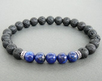 Black lava mens bracelet lapis lazuli bracelet for man gift for boyfriend stretch bracelet mens lava rock beaded bracelets jewelry mens gift