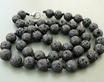 Lava Rock Necklace Volcanic Black Lava Necklaces for Man 8mm Black Stone Mens Necklace Knotted Beaded Necklace for Boyfriend Jewelry Gift