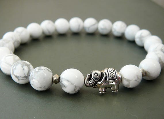 Elephant Bracelet White Howlite Beaded Bracelet Elephant Jewelry
