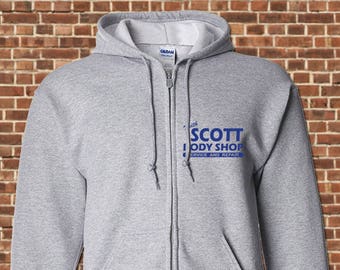 KEITH SCOTT Body Shop - Mens Zip Up Hooded Sweatshirt - all sizes sport grey funny one tree hill car mechanic vintage hoodie UG644FRONT