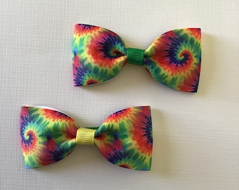 Tie Dye Rainbow Spiral Hair Bow Pair