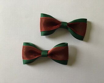 Green with Sparkly Red Holiday Hair Bow Pair