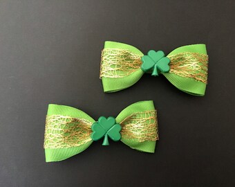 Shamrock Green and Gold St. Patrick’s Day Hair Bow Pair