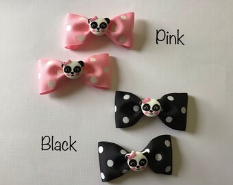 Panda Polka Dot Hair Bow Pair - Pink or Black