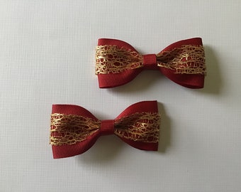 Red and Gold Holiday Hair Bow Pair