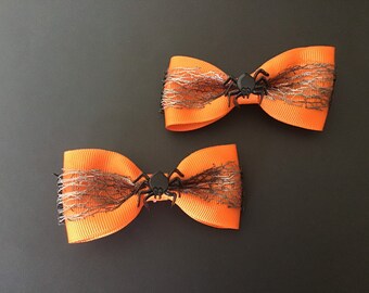 Orange and Black Spiderweb with Spider Halloween Hair Bow Pair