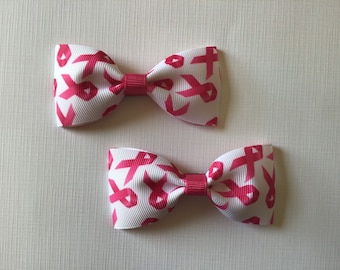 Breast Cancer Awareness - White with Pink Ribbons Hair Bow Pair