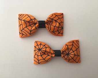 Orange and Black Halloween Spiderweb Hair Bow Pair