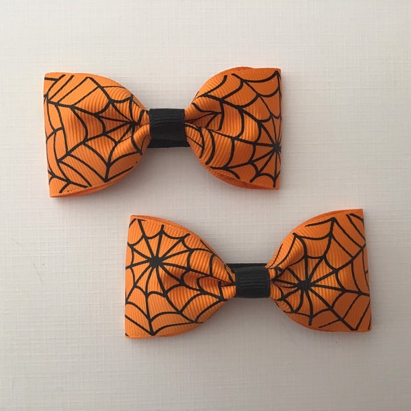 Orange and Black Halloween Spiderweb Hair Bow Pair