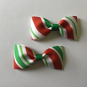 Green and Red Candy Cane Striped Hair Bow Pair