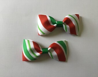 Green and Red Candy Cane Striped Hair Bow Pair
