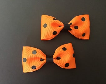 Orange with Black Polka Dots Halloween Hair Bow Pair