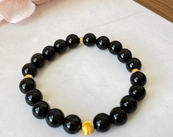 Obsidienne noire de guérison, bouclier d'énergie négative, argent sterling 925 sur or 14 carats