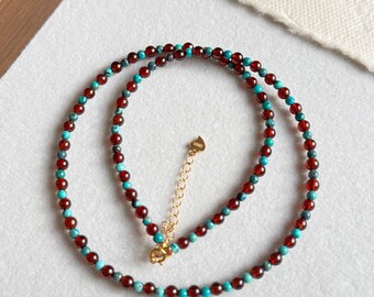 Natural Garnet and Turquoise Necklace, S925 Sterling Silver,  January & December Birthstone Gift