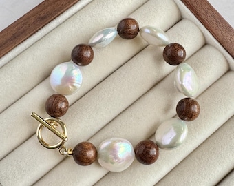 Baroque Pearl Golden Sandalwood Bead Bracelet, Organic Chic, Calming Energy