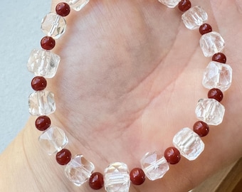 Bouclier énergétique de protection ； Bracelet en quartz transparent : sucre en morceaux, agate rouge du Sud, empilage minimaliste