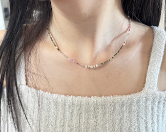 Collier dégradé de tourmaline, perles d'eau douce, perles de tourmaline, tour de cou en cristal, cadeau de bijoux Daity pour elle