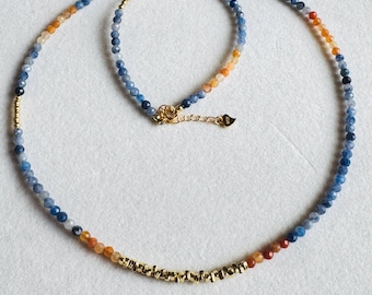 Collier aventurine bleue et agate orange, tour de cou en argent sterling avec cristaux