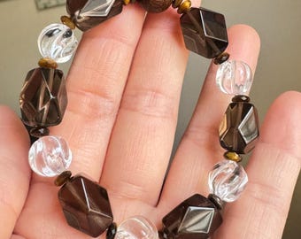 Bracelet quartz fumé et bois de santal, méditation zen, bijoux bohèmes en perles, oeil de tigre, fait main à New York