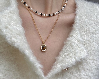 Layered Tiger Eye Pendant Necklace Set, Black Agate & Fritillaria Stone Chain Necklace