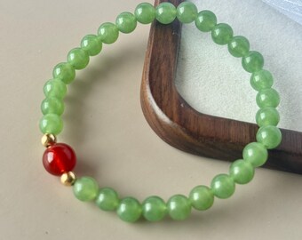 Bracelet en agate rouge et jaspe vert, or 14 carats, esthétique orientale, harmonie vitale