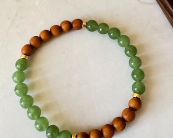 Natural Sandalwood Jade Beaded Bracelet, 14K Gold Filled Zen Meditation Jewelry