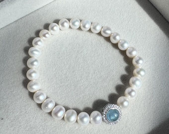 Freshwater Pearl Bracelet, Sterling Silver Aquamarine Charm, March Birthstone Jewelry