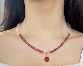 Strawberry Quartz Pendant, Rose Quartz Beaded Jewelry, Gemstone Necklace