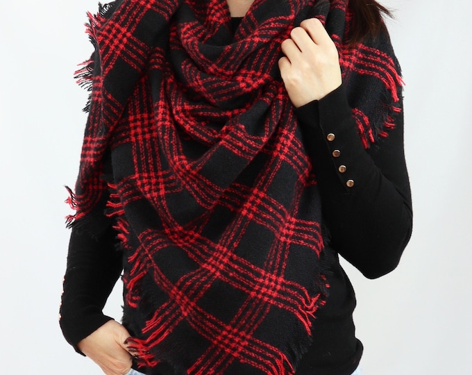 Monogram Blanket Shawl - Oversized Square Black Scarf