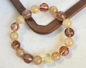 Bracelet en quartz rutile, focale en citrine, amulette de richesse
