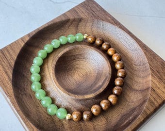 Golden Sandalwood Green Jade Bracelet, Oriental Zen Harmony Jewelry, Resilience Gift