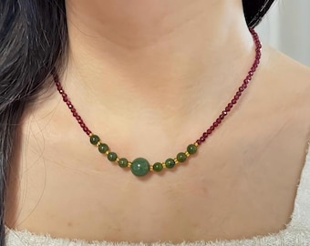 Faceted Garnet & Nephrite Jade Necklace, January Birthstone, Gold-Filled Clasp