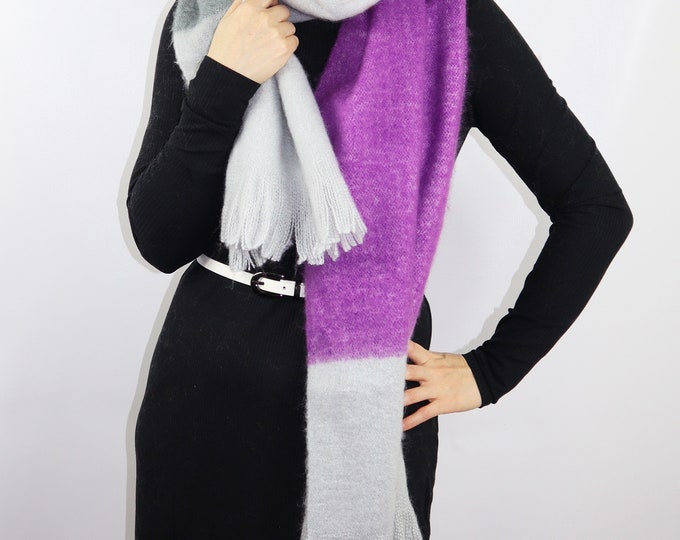 Long Chunky Knit Blanket Shawl Wrap Scarf Purple Grey