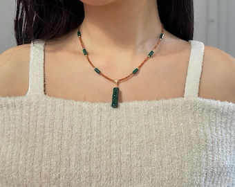 Orange Garnet Necklace, Malachite Bamboo Pendant, Sterling Silver Clasp