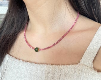 Pink Tourmaline and Green Jasper Necklace, Sterling Silver, Heart Chakra Jewelry