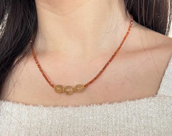 Natural Orange Garnet and Golden Rutilated Quartz Necklace, Wealth & Manifestation Crystal Jewelry