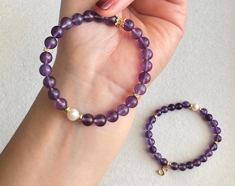 Personalized Amethyst Bracelet, Pearl Accent, Custom Initial Charm, Enhances Intuition, Claming and bettter sleep