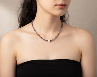 Iolite Necklace with Freshwater Pearl | Sterling Silver Beaded Choker