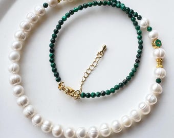 Faceted Malachite Pearl Necklace, Gold-Plated Accents, Elegant Green Jewelry